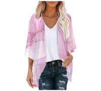 Generisch Women's Chiffon Cardigan with Floral Print Puff Sleeves as Casual Cover-Up or Elegant Blouse for Everyone, pink, L