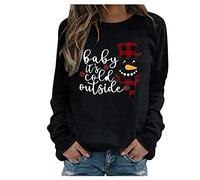 Generisch Women's Chirstmas Print Crew Neck Long Sleeve Sweatshirt Blouse Casual Pullover Tops Top Short Women, black, S