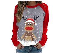 Generisch Women's Christmas Deer Print Long Sleeve Top with Shoulder Detail Festive Holiday Wear Cuddly Pullover Women, gray, S