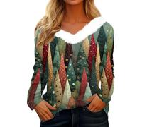 Generisch Women's Christmas Jumper with Faux Fur Collar and Enchanted Forest Motif - Festive Long Sleeve Shirt with Stylized Christmas Trees | Elegant Winter Top, Style_d01 Green, L