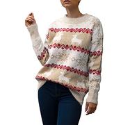 Generisch Women's Christmas Knitted Jumper with Fawn Snowflake Design Crew Neck Long Sleeve Casual Winter Jumper, khaki, L