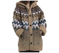 Generisch Women's Chunky Knit Cardigan with Hood Cardigan Colourful Long Knitted Jumper Hooded Jacket Buttons Jacquard Sweatshirt Warm Chunky Knit Jumper Elegant Winter Warm Autumn Transition Jacket