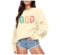 Generisch Womens Classic Crew Neck Sweatshirt Long Sleeve God Print Versatile Casual Wear Ideal Outfit for Holiday Daily Office, beige, XXL