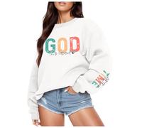 Generisch Womens Classic Crew Neck Sweatshirt Long Sleeve God Print Versatile Casual Wear Ideal Outfit for Holiday Daily Office, White, M