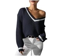 Generisch Women's College Style Pullover with Colour Block and V-Neck Relaxed Fit for Casual Top Women's Elegant Sexy Tight, navy, M
