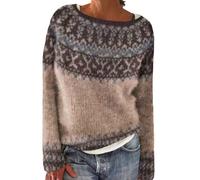 Generisch Women's Colourful Norwegian Jumper Large Size Norwegian Jumper Thickened Classic Fleece Long Jumper Teenager Girls Knitted Jumper Cuddly Warm Striped Jumper Top, khaki, L