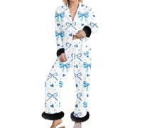 Generisch Women's Cosy Fur Edge Pyjama Set with Bow Print Button-Down Lapel Long Sleeve Shirt and Elastic Waistband Baggy House Trousers Two Piece Oversize Negligee Pyjamas, O Blue, XXL