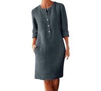 Generisch Women's Cotton and Linen Shirt Dress with Buttons, Plus Size, Crew Neck, Long Sleeves, Casual, Loose Dresses with Two Off Shoulder Dress, Women's Elegant, darkgray, 3XL