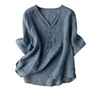 Generisch Women's Cotton Linen Top with Loose Temperament Large Top Elegant Blouses Ladies Festive, blue, M