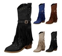 Generisch Women's Cowboy Ankle Boots Suede Ankle Boots with Block Heel Outdoor Fringe Boots High Heels Boots Platform Fringe Casual Boots Vintage Winter Boots Classic Wedge Ankle Boots, black, 10 UK