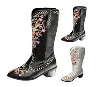 Generisch Women's Cowboy Boots Black Leather Winter Boots Waterproof Floral Pattern Western Boots Lace Platform Ankle Boots Warm Short Boots Arch Support Walking Shoes Block Heel High Heels, White, 6