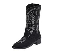Generisch Women's Cowboy Boots, Mid-Height Western Cowgirl Boots, Calf High Snip Toe Boots with Chunky Heel, Western Boots, Cowboy Boots, Embroidered Boots with Pointed Toe, black, 8.5 UK