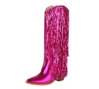 Generisch Women's Cowboy Boots with Fringes, Sequins Ankle Boots, Women's Sparkling Western Boots, Fashionable Party Boots, Knee-High Cowgirl Boots, Half Height Fringe Boots, Non-Slip Slip-On Boots