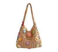 Generisch Women's Crochet Bag in Boho Style Crochet Shopper Beach Handbag with Flower Pattern Handmade Knitted Shoulder Bag & Handbag for Summer Holiday & Festival Yarn, khaki, Siehe Beschreibung