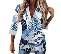 Generisch Women's Cut Long Sleeve Blouse with Floral Print Breathable Cotton Button Placket Crew Neck Ideal for Spring Summer Activities in the Office as well as Leisure, blue, M