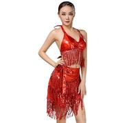 Generisch Women's Dance Costume with Fringe and Sequins - Two Piece Outfit with Halter Top and Wrap Skirt | Shiny Set for Latin Dances, Style_x05 Red, One Size