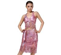 Generisch Women's Dance Costume with Fringe and Sequins - Two Piece Outfit with Halter Top and Wrap Skirt | Shiny Set for Latin Dances, Style_x04 Pink, One Size