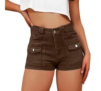 Generisch Women's Denim Shorts High Waist Stretch Casual Summer Jeans for Running Vacation Comfortable Pocket Design Button Detail, brown, S