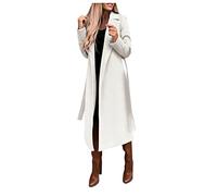 Generisch Women's Double Breasted Faux Wool Coat Blouse Thin Coats Trench Long Jacket Women's Slim Long Belt Elegant Overcoat Outwear Women's Fleece Jacket Size 48, White, S