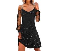 Generisch Women's Dress Christmas Plain Patchwork Mesh Long Sleeve Dress Women's Dress Festive Red, black, L