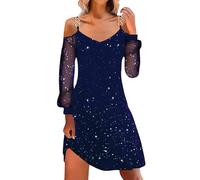 Generisch Women's Dress Christmas Plain Patchwork Mesh Long Sleeve Dress Women's Dress Festive Red, blue, XL