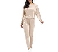 Generisch Women's Elegant 2-Piece Sporty Jogging Suit Leisure Suit Tracksuit Set Two Piece Plain Leisure Suit Velour Warm Leisure Suit Long Sleeve Crew Neck Top and Jogging Bottoms, beige, L