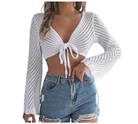 Generisch Women's Elegant Boleros Sexy Short Cardigan Long Sleeve Cardigan Cover Up Festive Bolero Jacket Lace Summer Light Thin V-Neck Crochet Crop Top Cardigan, O White, S