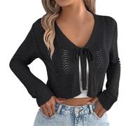 Generisch Women's Elegant Boleros Sexy Short Cardigan Long Sleeve Cardigan Cover Up Festive Bolero Jacket Lace Summer Light Thin V-Neck Crochet Crop Top Cardigan, Z2 Black, XL