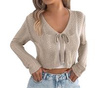 Generisch Women's Elegant Boleros Sexy Short Cardigan Long Sleeve Cardigan Cover Up Festive Bolero Jacket Lace Summer Light Thin V-Neck Crochet Crop Top Cardigan, Z2 Khaki, S