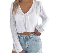 Generisch Women's Elegant Boleros Sexy Short Cardigan Long Sleeve Cardigan Cover Up Festive Bolero Jacket Lace Summer Light Thin V-Neck Crochet Crop Top Cardigan, Z2 White, L