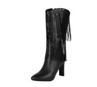 Generisch Women's Elegant Glitter Boots with Tassel Ankle Boots Block Heel Shoes Carnival Costume Western Boots Slip-On Shoes Sequin Boots Winter Boots Cowboy Boots, black, 7 UK