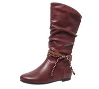 Generisch Women's Elegant Plain Slip-On Boots Suede Cowboy Boots Ruffled Shaft Western Boots Cuff Look Flat Comfortable Half Boots Transition Boots, Wine Red, 7 UK