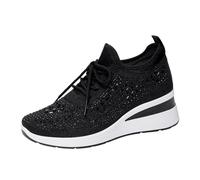 Generisch Women's Elegant Platform Trainers Glitter Elevator Shoes with Rhinestones Breathable Mesh Trainers Platform Shoes Non-Slip Walking Shoes with Elastic Band Summer Shoes, Style O01 Black, 6.5