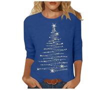 Generisch Women's Elegant Winter Christmas Tree Print Quarter Sleeve Top Crew Neck Pullover Tunic Top with Lace Trim, blue, L