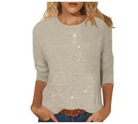Generisch Women's Elegant Winter Christmas Tree Print Quarter Sleeve Top Crew Neck Pullover Tunic Top with Lace Trim, beige, L