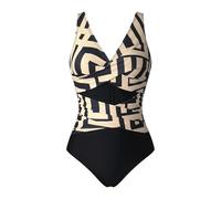 Generisch Women's Elegantly Designed Swimsuit with Graphic Pattern, One-Piece with V-Neck and Ruffles, Modern Colour Block Swimsuit for Beach and Pool, style_d01 beige, L