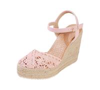 Generisch Women's Espadrille Wedge Sandals with Multicoloured Straps and Platform Jute Sole - Tied Summer Sandals with Ankle Strap Boho Sandals for Beach and Leisure, Style A06 Pink, 8 UK