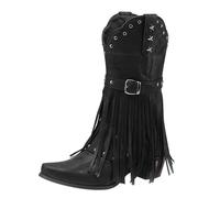 Generisch Women's Europe and the States and Winter Tassel Women's Boots Western Boots Belt Buckle Tassel Mid Calf Boots Shoes Silver Women's Flat, black, 2/2.5 UK