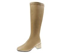Generisch Women's Faux Leather Ankle Boots with Solid Colour, Thick Sole, Square Heels, Zip, Round Toe, khaki, 9 UK