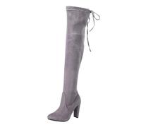 Generisch Women's Faux Leather Overknee Boots with Lace Heel Lacing Back - Elegant Long Boots for the Cold Season, gray, 9 UK