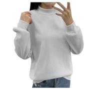 Generisch Women's Fleece Lined Sweatshirt Small Turtleneck Loose Casual Long Sleeve Crew Neck Solid Color Pullover Without Hood, White, S