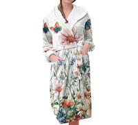 Generisch Women's Fluffy Long Dressing Gown Plush Loungewear Fleece Sauna Gown Winter Cosy House Coat Soft Loungewear Sleepwear Dressing Gown with Pockets and Butterfly Print