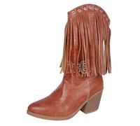 Generisch Women's Fringe Cowboy Boots - Mid-Heel Boots Pointed Toe with Star Trim and Chunky Heel, Perfect for Country Music Festivals Jack Ladies Lambskin Blue, brown, 8.5 UK