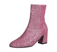 Generisch Women's Glitter Sequins Round Toe Chunky Heel Ankle Boots - Large Sizes Short Elegant Boots for Festive Outfits Comfortable Low Shoe Height Sparkling Everyday Look