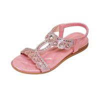 Generisch Women's Glitter Strappy Sandals with Rhinestones - Flat Summer Sandals with Multiple Adjustable Straps and Sparkling Decor | Festive Beach Look for Summer, Style O01 Pink, 5.5 UK
