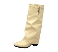 Generisch Women's Gothic Punk Boots Mid Calf Pointed Toe Heel Combat Boots Moto Boots Rave Gothic Shoes Fashionable Lightweight and Comfortable, 4 White, 7 UK