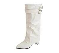 Generisch Women's Gothic Punk Boots Mid Calf Pointed Toe Heel Combat Boots Moto Boots Rave Gothic Shoes Fashionable Lightweight and Comfortable, 6 White, 8 UK