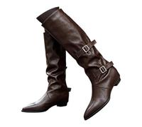 Generisch Women's Gothic Punk Boots Mid Calf Pointed Toe Heel Combat Boots Moto Boots Rave Gothic Shoes Fashionable Lightweight and Comfortable, 8 Brown, 4 UK