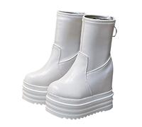 Generisch Women's half boots, black, leather boots, women's wide shaft, winter short boots, platform, non-slip, zip, plus size, slim fit, wedge heel slip-on ankle boots, White, 9 UK