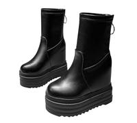 Generisch Women's half boots, black, leather boots, women's wide shaft, winter short boots, platform, non-slip, zip, plus size, slim fit, wedge heel slip-on ankle boots, black, 4 UK